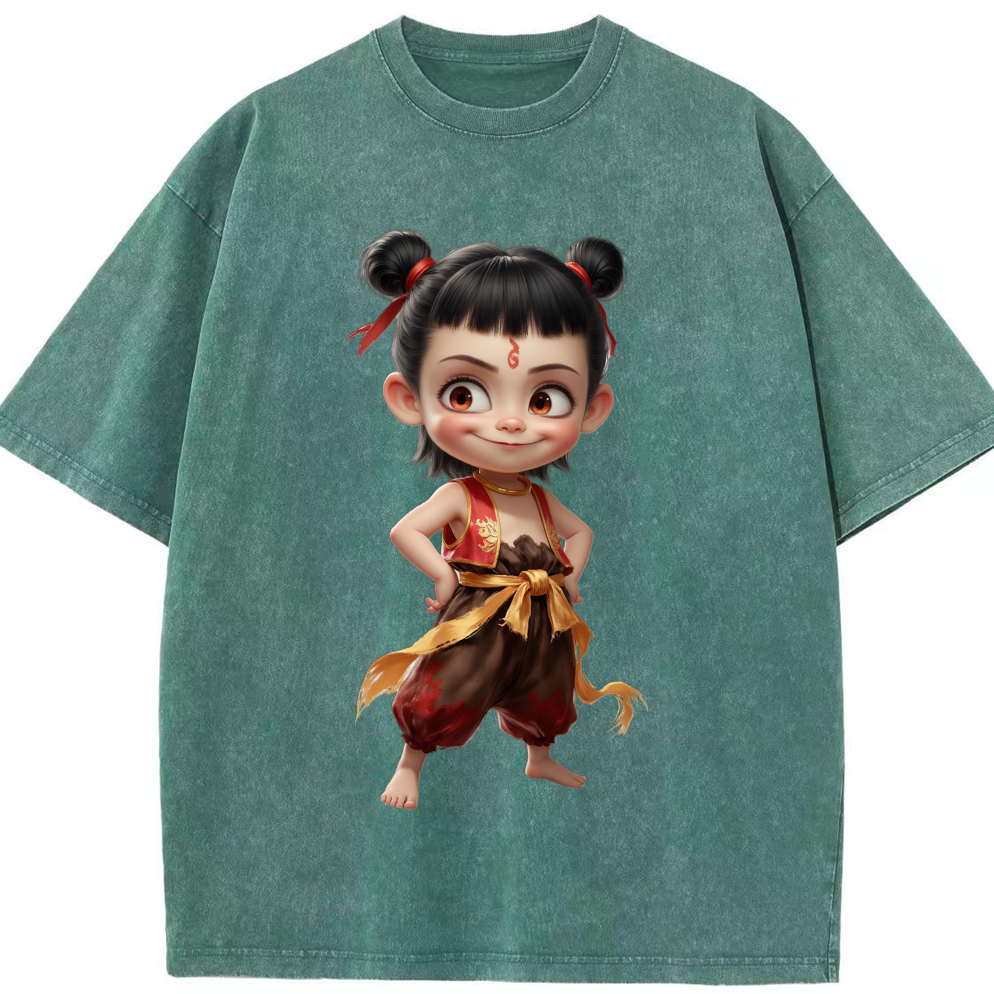 （画像用） Ne Zha 2 ナタ 魔童の大暴れ 綿100% ヴィンテージ風 半袖Tシャツ（フロントプリント）